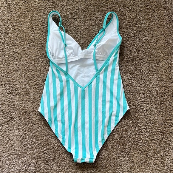 Striped Teal and White One-Piece Swimsuit - Picture 2 of 2